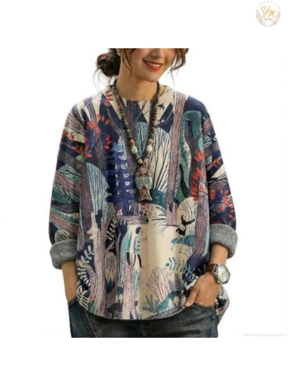 Oversized Graphic Print Knit Pullover Sweater, 55% Acrylic 45% Nylon, Crewneck
